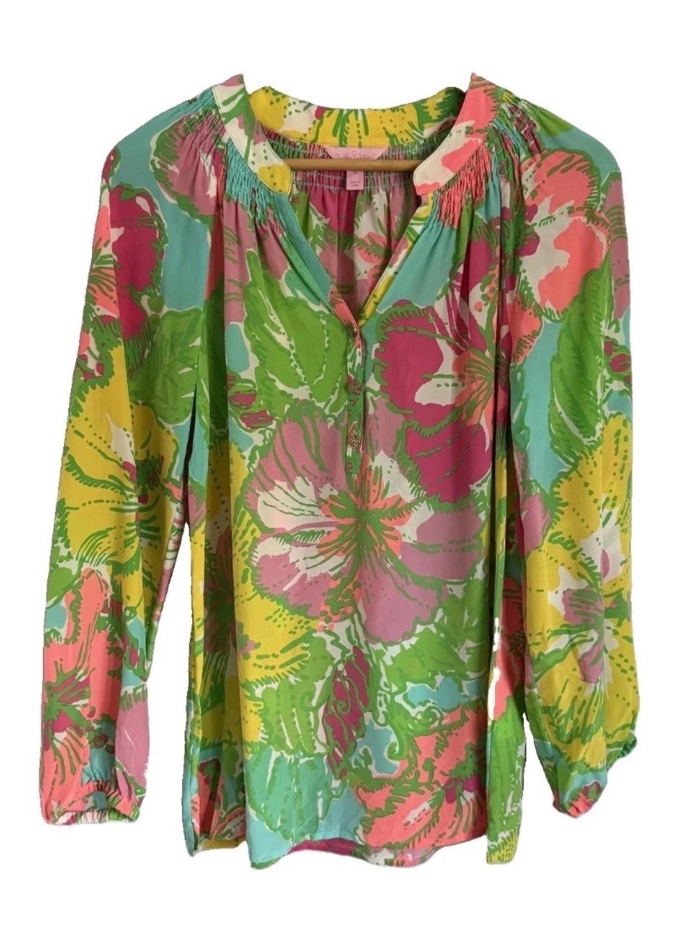Lilly Pulitzer Elsa Silk Top Womens M Multicolor Tropical Floral Hibiscus Resort